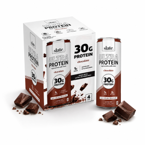 A white box and an individual can of Slate Ultra Protein chocolate high-protein milk shake containing 30 grams of protein on a clean background