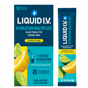 Liquid I.V. Hydration Multiplier Lemon Lime 10ct box with one individual electrolyte stick packet on a white background.