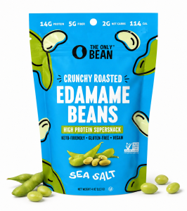 The Only Bean Crunchy Roasted Edamame Bean Snack in Sea Salt, 4oz blue bag on a white background, high protein and keto friendly.