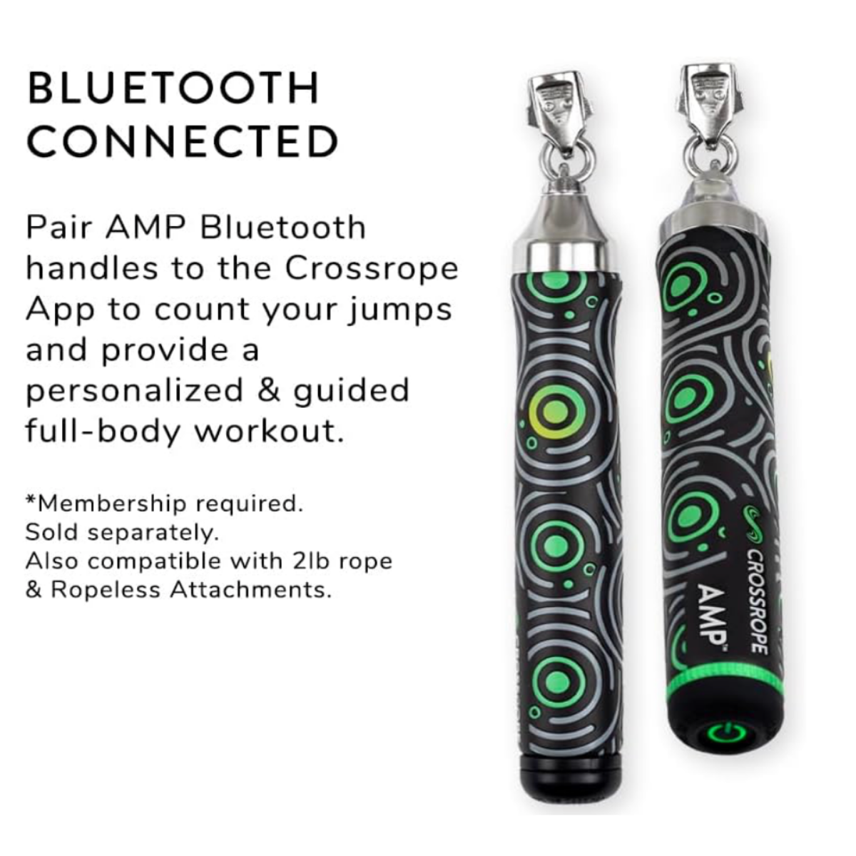Black and green Crossrope AMP 2.0 Bluetooth-enabled jump rope handles displayed with wireless connectivity features for workout tracking, calorie monitoring, and fitness app integration.