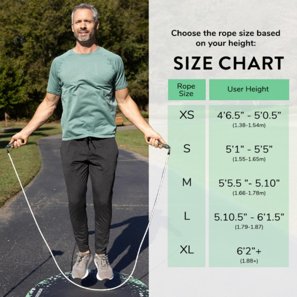 Man using a Crossrope AMP 2.0 smart jump rope with black and green Bluetooth-connected handles, demonstrating cardio training and proper jump rope sizing guidance for fitness workouts.