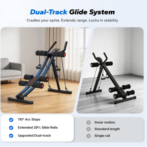 Black and red MERACH Dual-Track Ab Trainer featuring upgraded dual track glide rails, extended range of motion, and enhanced stability for abdominal training, core workouts, and home fitness routines.