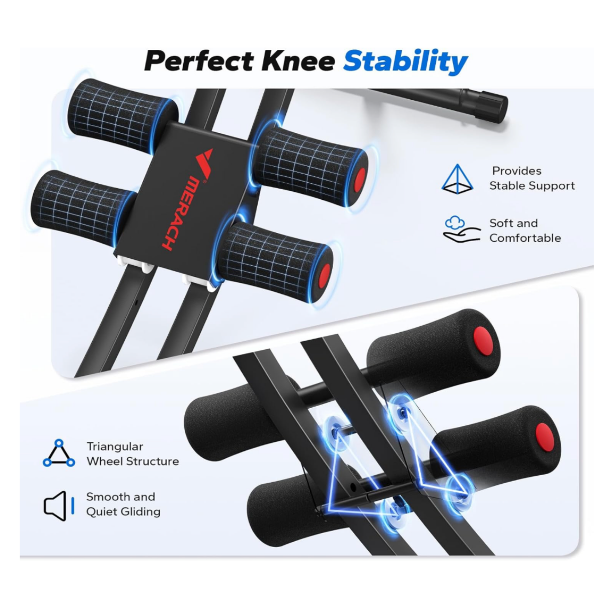 Close-up of black and red MERACH Dual-Track Ab Trainer knee pads and support system, designed to improve knee comfort, stability, and workout performance during abdominal exercises.