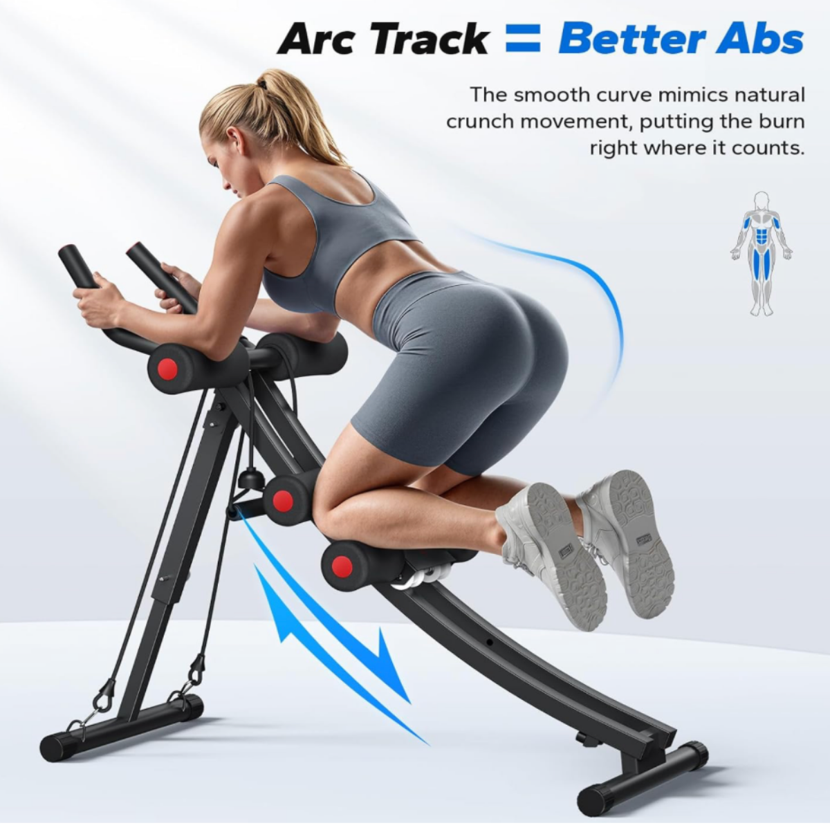 Woman using a black and red MERACH Dual-Track Ab Trainer during a core workout, demonstrating abdominal training, strength development, and full-body fitness conditioning.