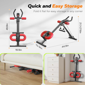 Black and red MERACH adjustable ab trainer shown folded and unfolded with storage dimensions, highlighting its compact space-saving design, under-bed storage capability, and vertical storage option for home gym and apartment fitness spaces.
