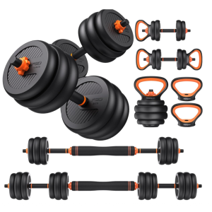 A black and orange adjustable dumbbell and barbell multi-functional set with removable weight plates, safety star collars, and interchangeable kettlebell handles on a white background.