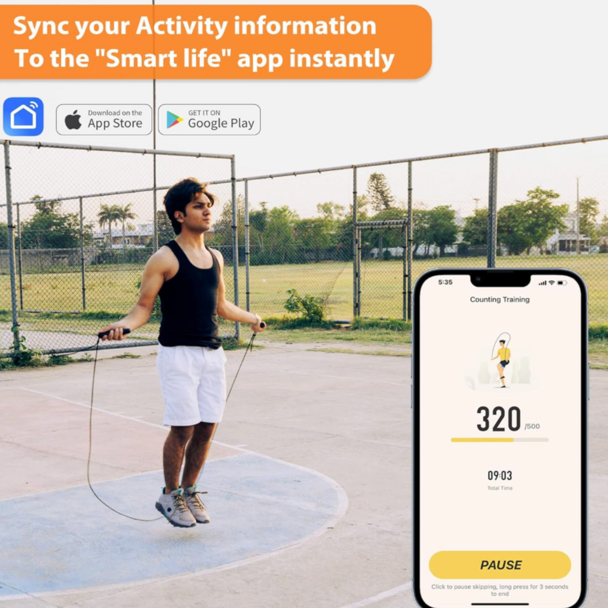 Woman using a white Wigore digital jump rope outdoors while tracking workout performance through a connected smartphone fitness app for cardio training and calorie burn monitoring.