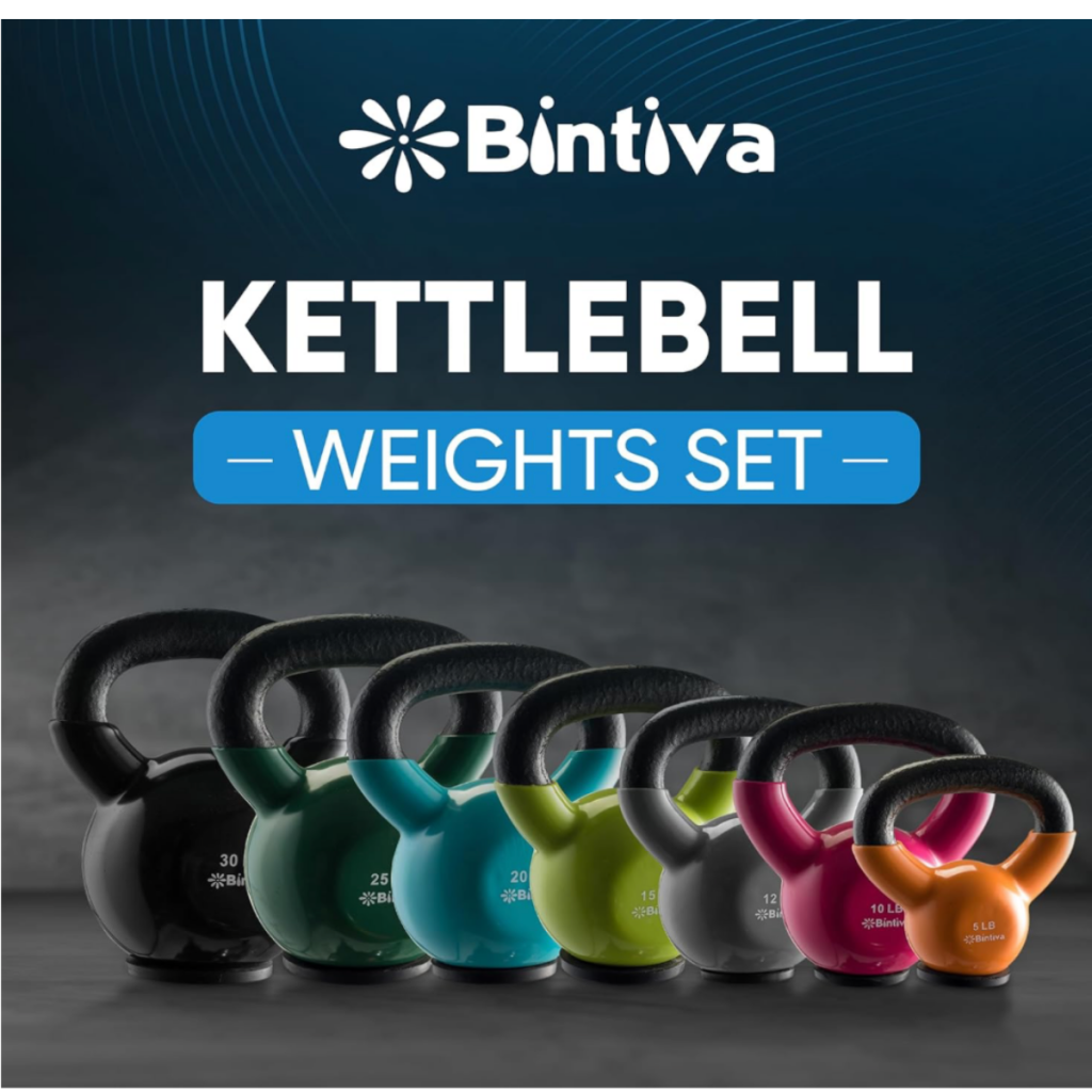 Bintiva kettlebell weights set displaying multiple kettlebells in assorted weight options, ideal for home gym workouts, strength training, muscle building, conditioning, and functional fitness exercises.