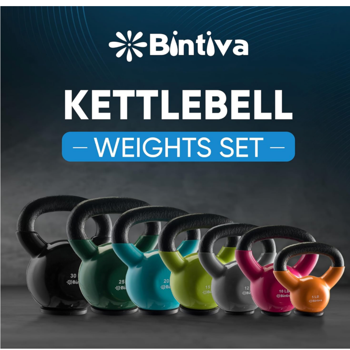 Bintiva kettlebell weights set displaying multiple kettlebells in assorted weight options, ideal for home gym workouts, strength training, muscle building, conditioning, and functional fitness exercises.