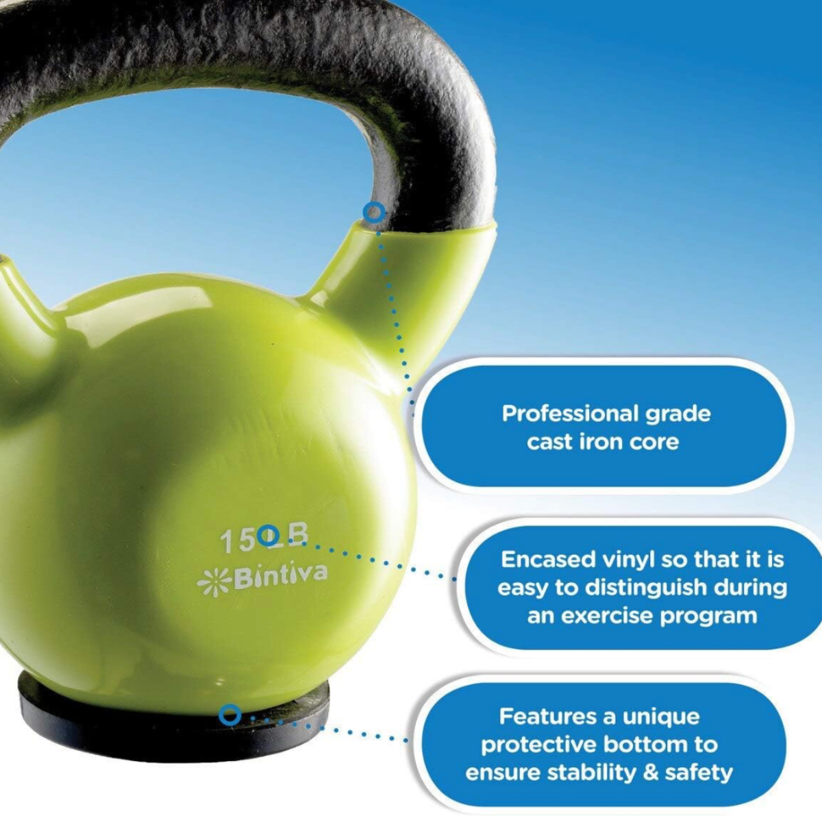 Lime green Bintiva kettlebell with a black handle, featuring durable cast iron construction for home gym strength training, functional fitness, conditioning, and full-body workouts.