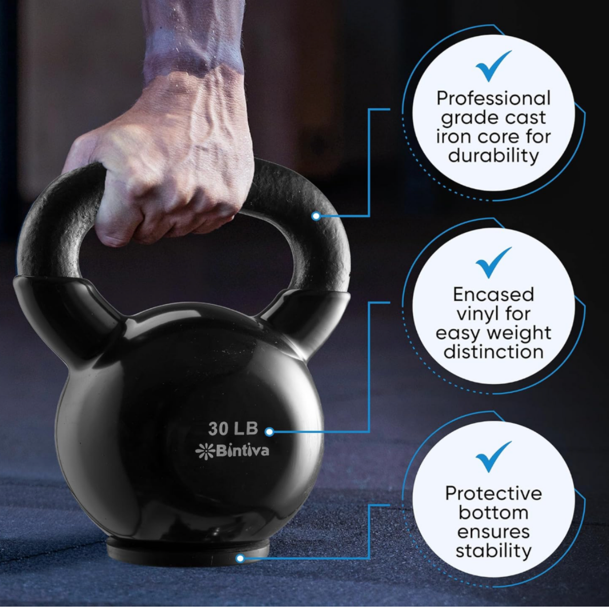 Close-up of a black-handled Bintiva kettlebell showing the ergonomic grip and durable cast iron construction, designed for strength training, conditioning, and functional fitness workouts.