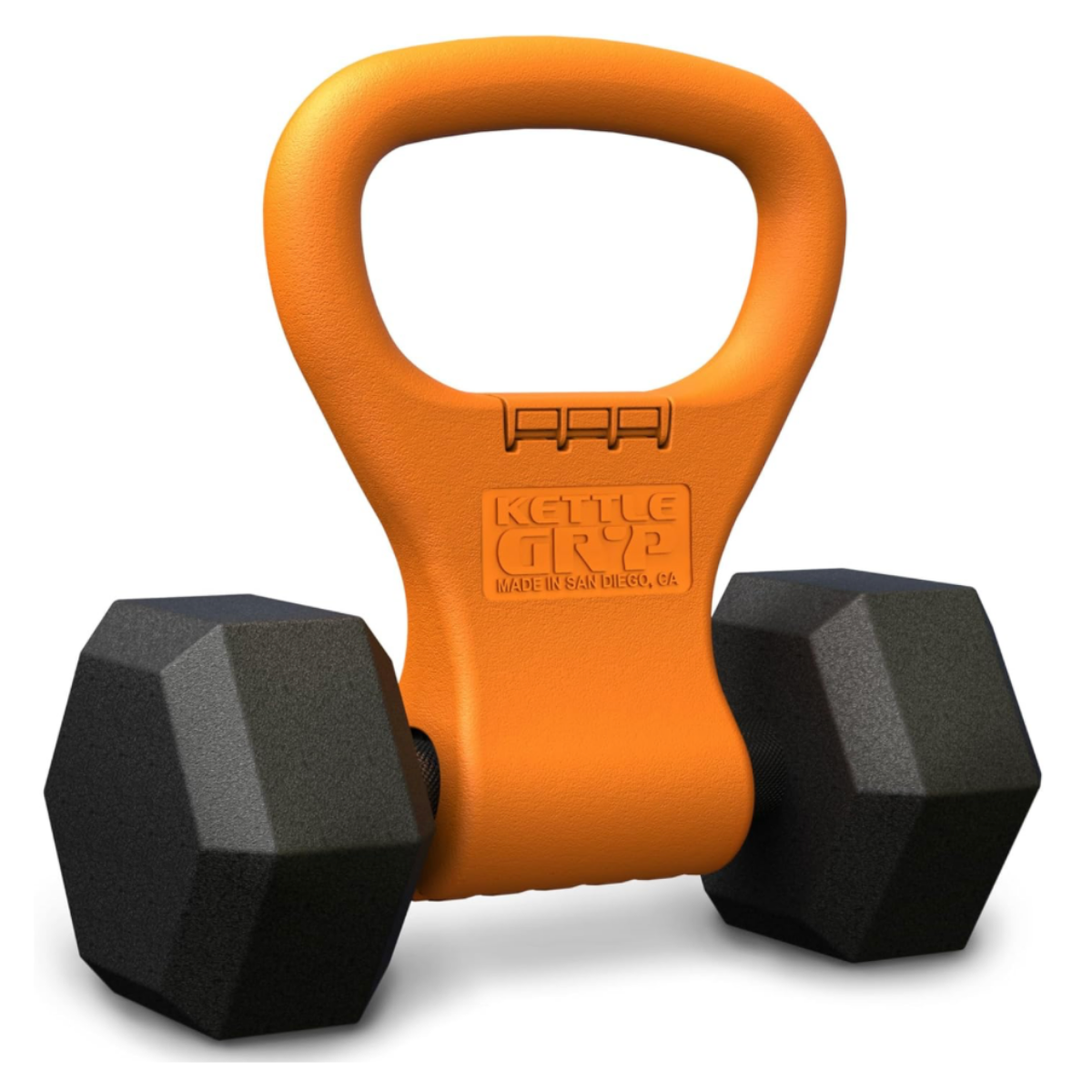 Orange Kettle Gryp attached to a dumbbell, creating a kettlebell-style training tool for home workouts, strength training, conditioning, and functional fitness exercises.