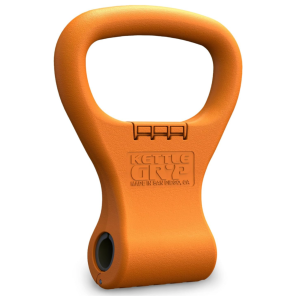 Orange Kettle Gryp portable kettlebell handle attachment designed to convert standard dumbbells into kettlebells for home gym strength training and functional fitness workouts.