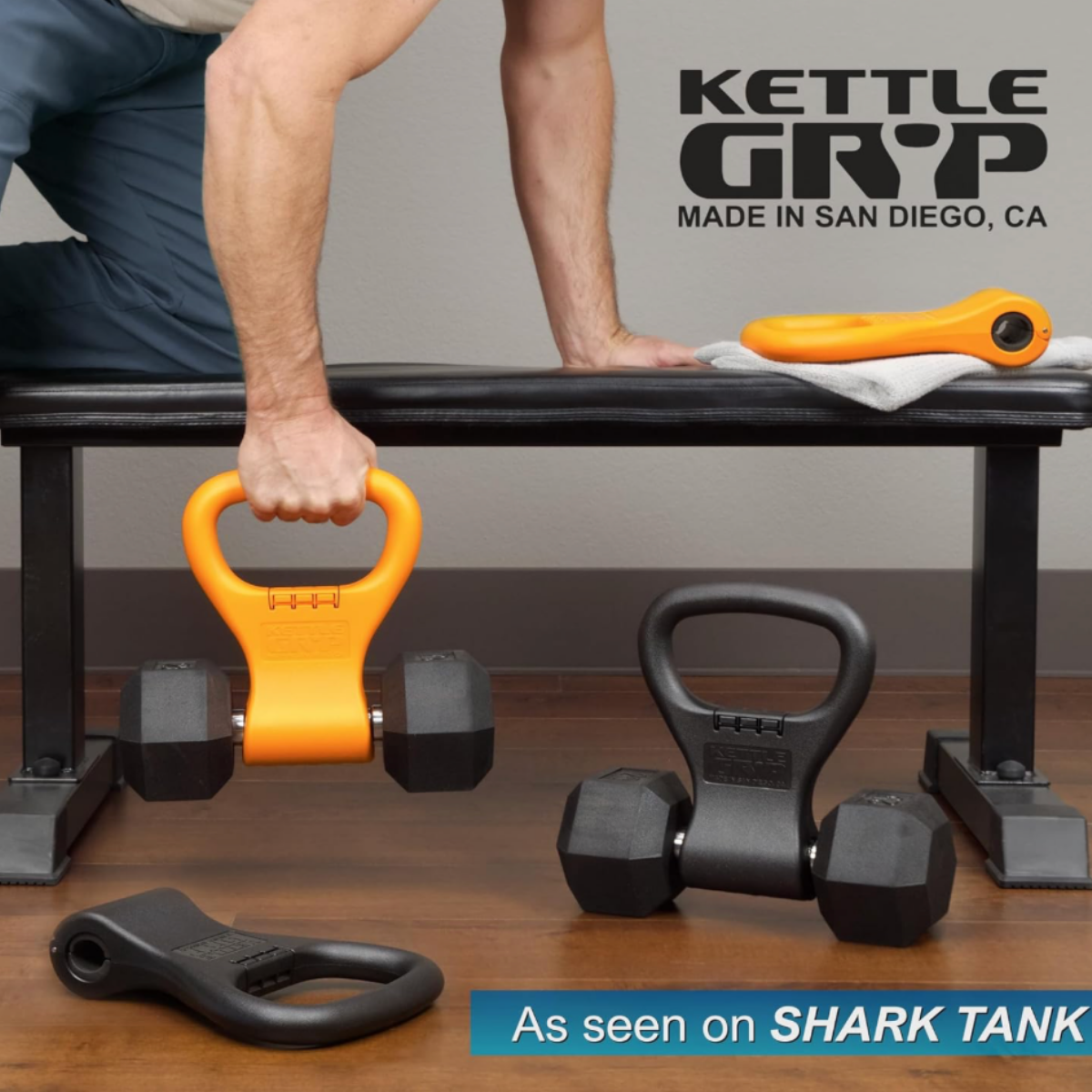 Person using an orange Kettle Gryp attached to a dumbbell, creating a kettlebell-style training tool for strength training, conditioning, functional fitness, and home gym workouts.