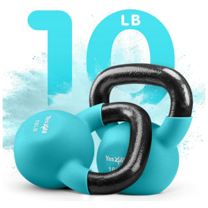 Two turquoise Yes4All 10 lb kettlebells with black handles displayed against a fitness-themed background, ideal for home gym workouts, strength training, conditioning, and functional fitness exercises.