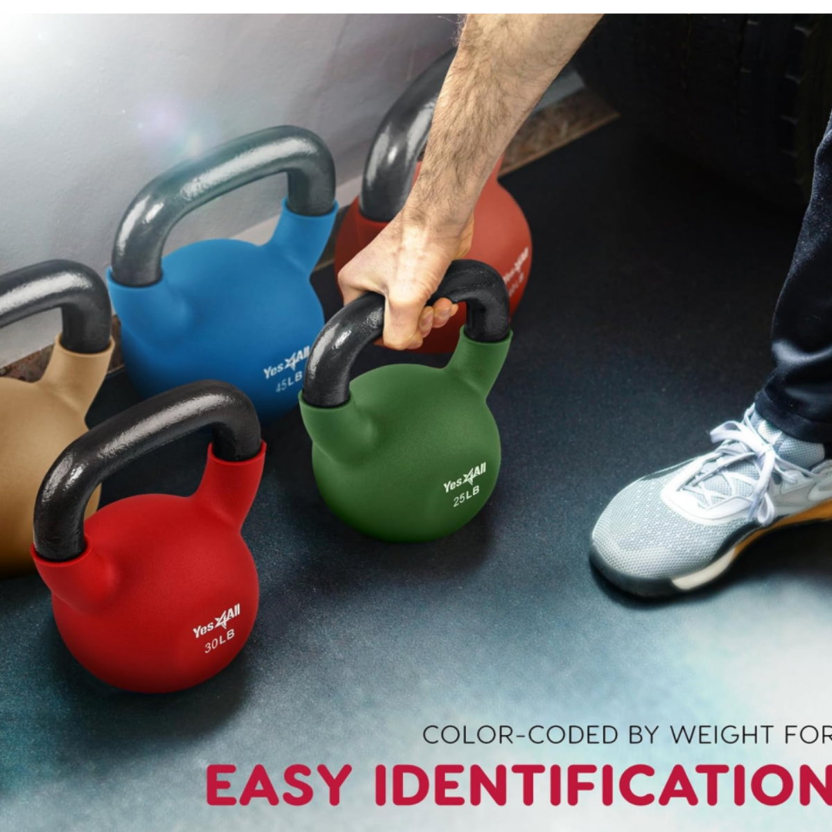 Red, blue, and lime green Yes4All kettlebells with black handles, demonstrating color-coded weight identification for home gym strength training and functional fitness exercises.