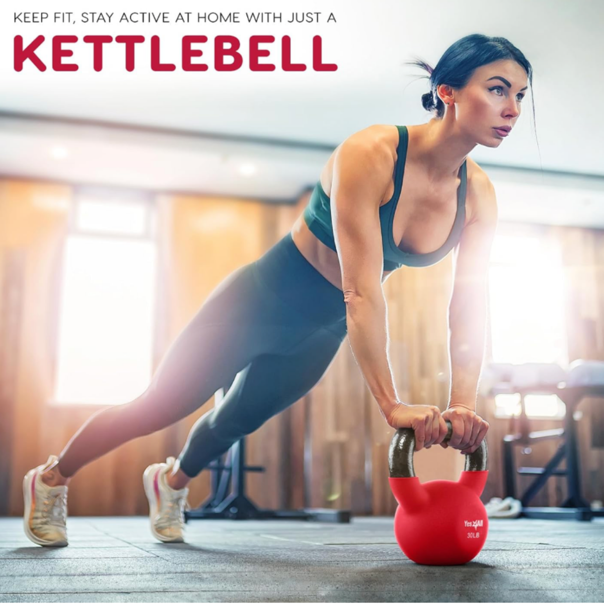 Woman performing a plank exercise while gripping a red Yes4All kettlebell, demonstrating core training, strength building, stability work, and functional fitness workouts.
