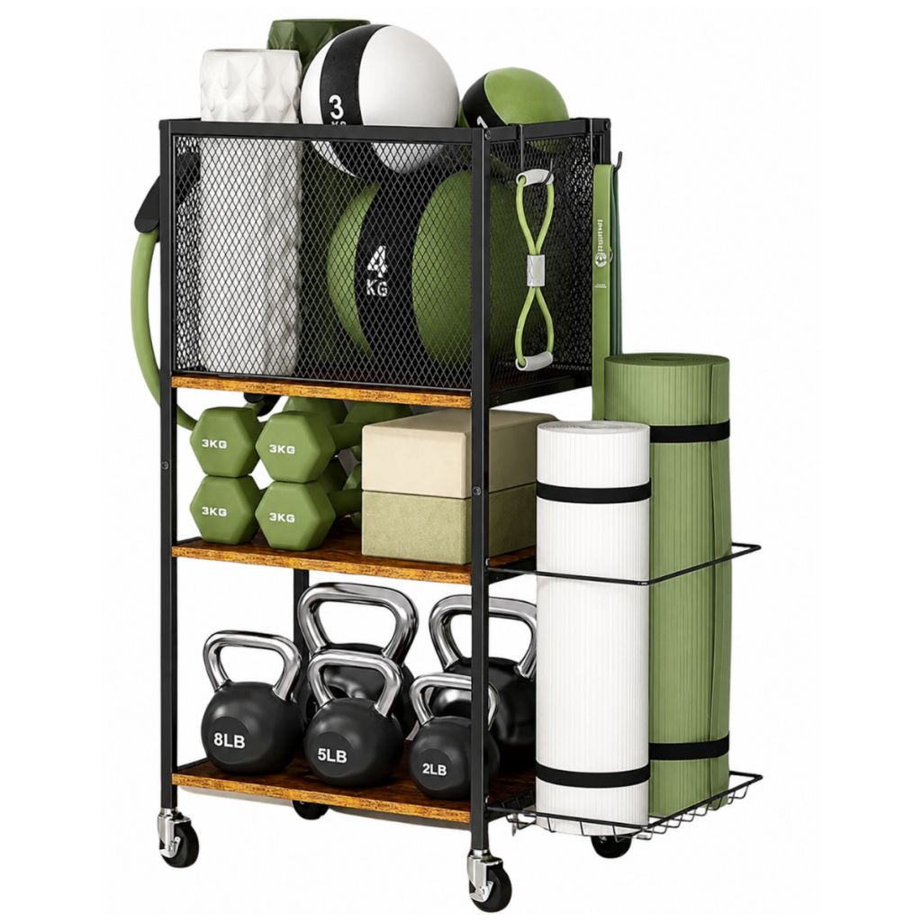 A rolling black metal and wood home gym storage rack holding green dumbbells, kettlebells, yoga blocks, rolled yoga mats, and medicine balls.
