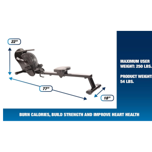 Black and gray Stamina ATS Air Rower displaying overall dimensions, air resistance system, and extended rowing rail for smooth low-impact home fitness training.