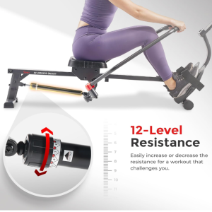 Woman using a black Sunny Smart 360 Air Rower with red resistance bands, demonstrating full-range 360-degree rowing motion for total-body fitness and endurance training.