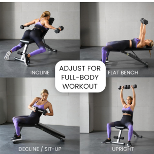 Woman performing multiple exercises on a black and gray FF Finer Form adjustable weight bench, demonstrating incline presses, flat bench workouts, seated exercises, and full-body strength training.