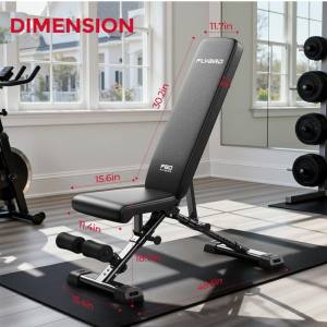Black Flybird adjustable weight bench displaying product dimensions, seat measurements, and compact footprint designed for home gym fitness and strength training spaces.