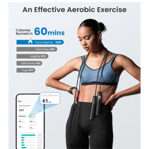 Woman using a black RENPHO smart jump rope with green accents during a cardio workout, demonstrating calorie burning, endurance training, and aerobic fitness exercise.