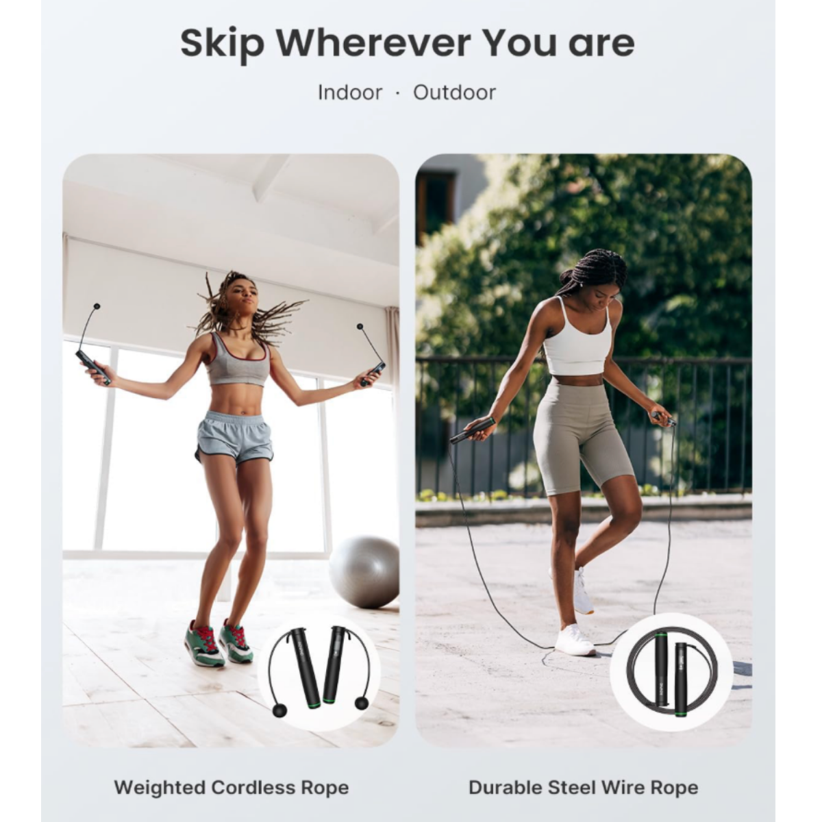 Women using a black RENPHO smart jump rope with green accents in both cordless and traditional rope modes for indoor and outdoor cardio training.