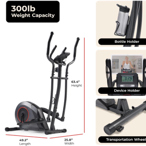 Black and gray Sunny Smart Elliptical with red accent flywheel displaying product dimensions, transportation wheels, device holder, and 300-pound weight capacity for home gym use.