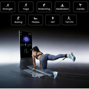 Gray and black AEKE Fitness Mirror K1 smart home gym system featuring a 43-inch 4K touchscreen fitness mirror, adjustable workout bench, smart scale, digital resistance accessories, and AI-powered personal training technology.
