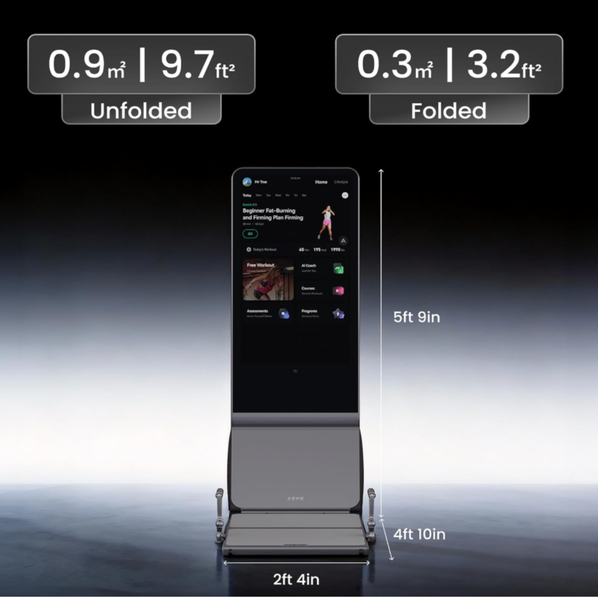 Feature overview of the gray and black AEKE Fitness Mirror K1 highlighting 4K display technology, Wi-Fi connectivity, immersive audio, smart resistance training, and AI fitness coaching capabilities.