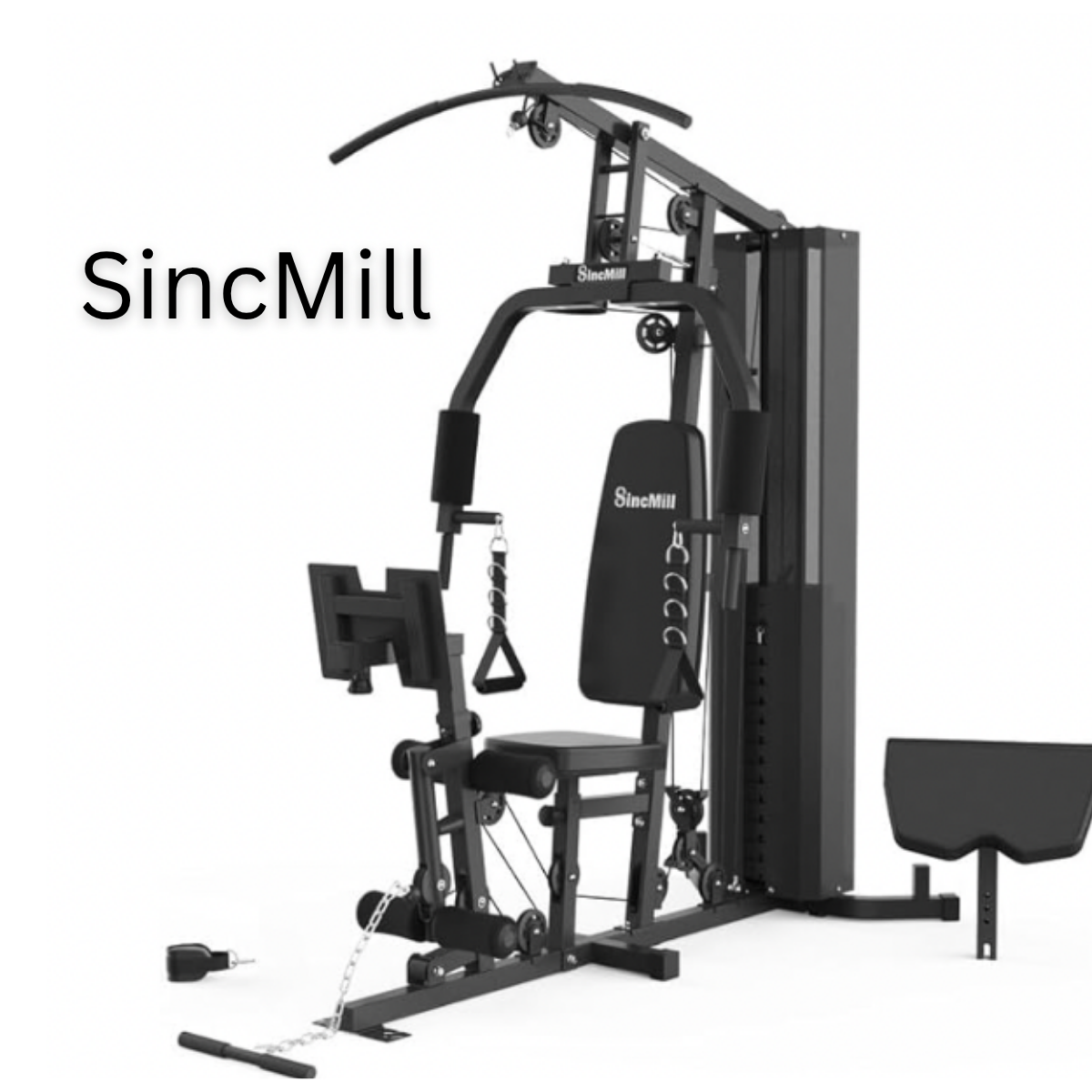 Black SincMill Home Gym System with multiple strength training stations, including chest press, lat pulldown, seated row, and leg developer attachments for full-body home workouts.