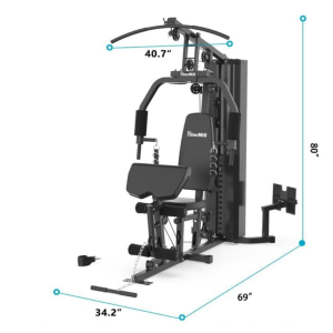 Black SincMill multifunction home gym showing overall dimensions, compact footprint, weight stack system, and integrated workout stations for strength training and muscle building.