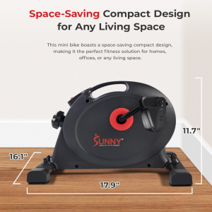 Black Sunny Mini Bike Exerciser with red accent flywheel displaying compact dimensions and space-saving design for under-desk exercise, home offices, and small living spaces.