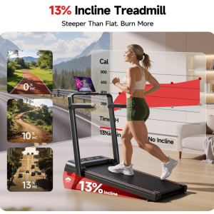 Black and red Rhythm Fun incline walking pad featuring a 13% incline treadmill design for enhanced calorie burning, walking workouts, and home fitness training. 