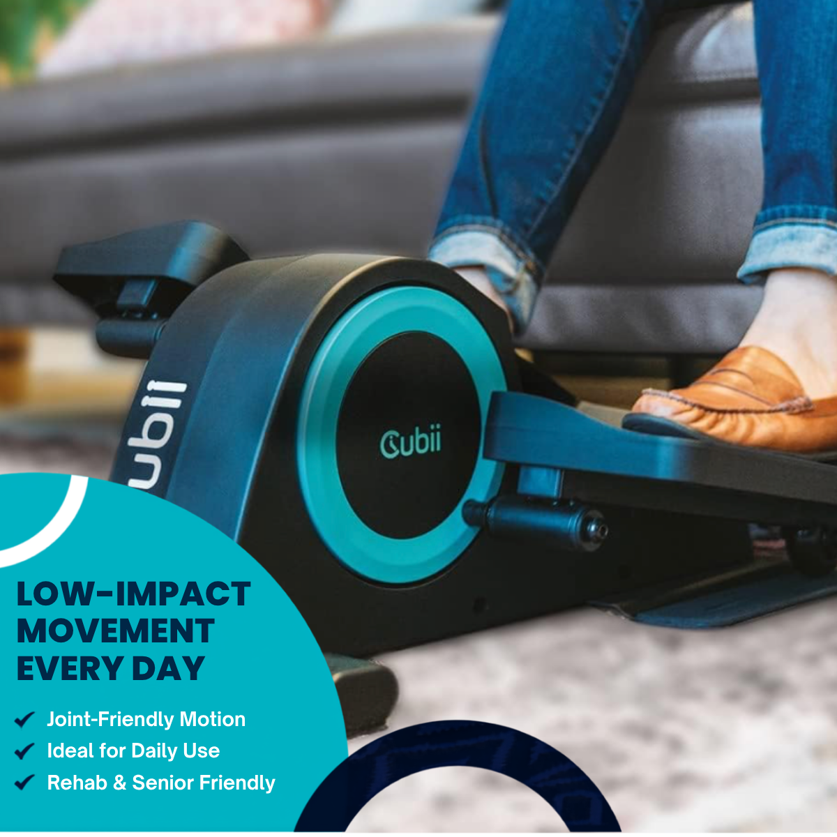 Close-up of feet using a black Cubii Mini under desk elliptical with turquoise accent flywheel, demonstrating smooth low-impact pedaling for daily exercise and circulation support.