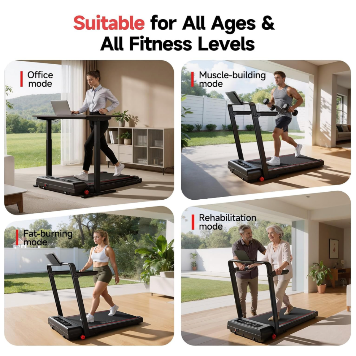 Black and red Rhythm Fun walking pad treadmill demonstrated by users of different ages and fitness levels, suitable for walking, cardio training, and home exercise routines.