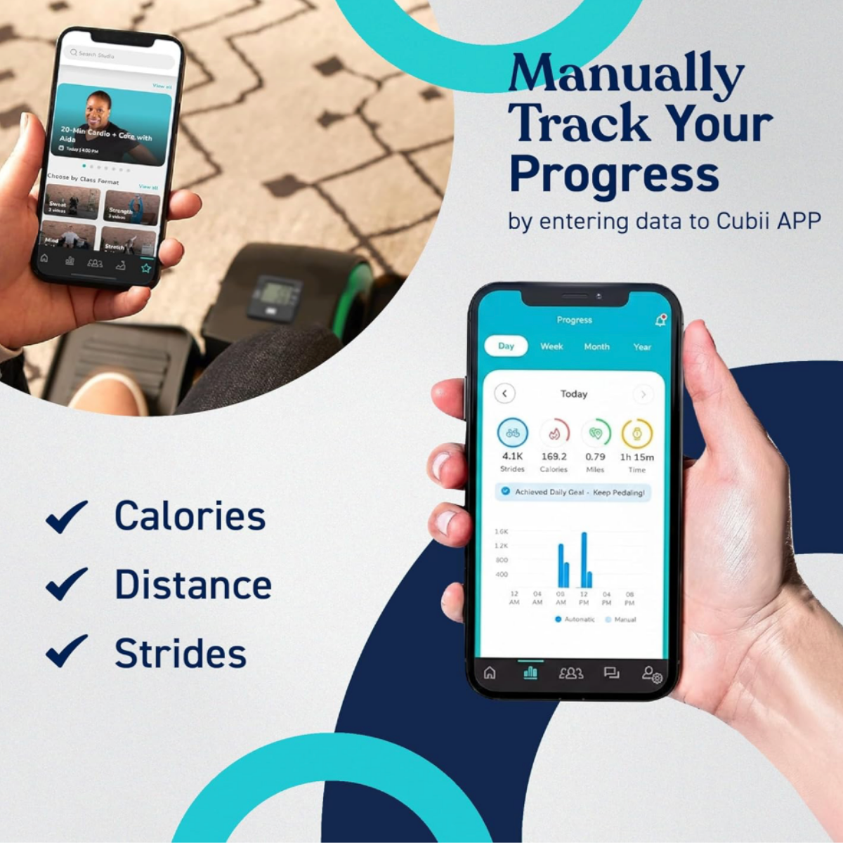 Smartphone displaying fitness tracking data connected to a black Cubii Mini under desk elliptical with turquoise accent flywheel, monitoring calories, distance, strides, and workout progress.