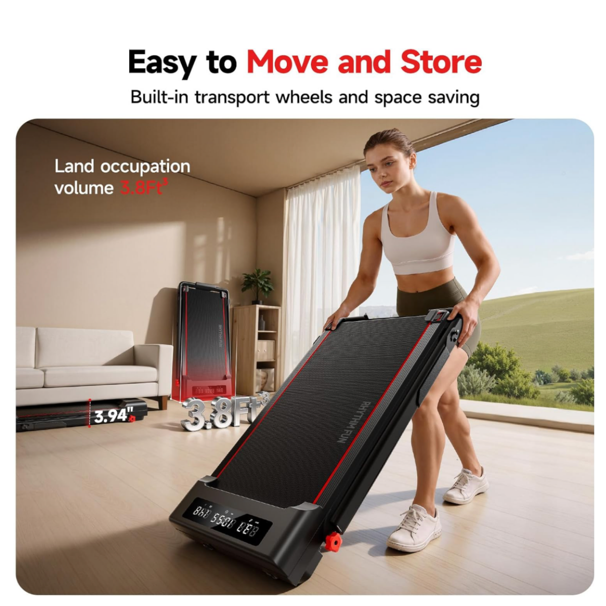 Black and red Rhythm Fun foldable walking pad treadmill being moved for storage using built-in transport wheels, highlighting its compact design for apartments, home gyms, and office spaces.