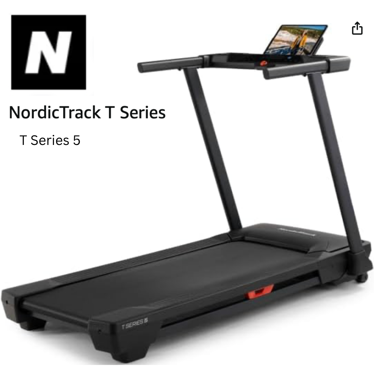 Black NordicTrack T Series 5 treadmill with integrated touchscreen display, designed for home walking, jogging, running, and interactive iFIT fitness training.
