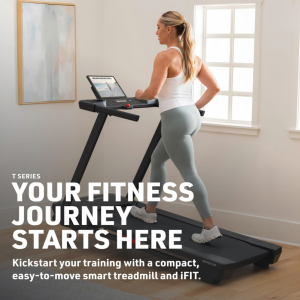Woman exercising on a black NordicTrack T Series 5 treadmill with touchscreen console, supporting home cardio workouts, endurance training, and daily fitness goals.