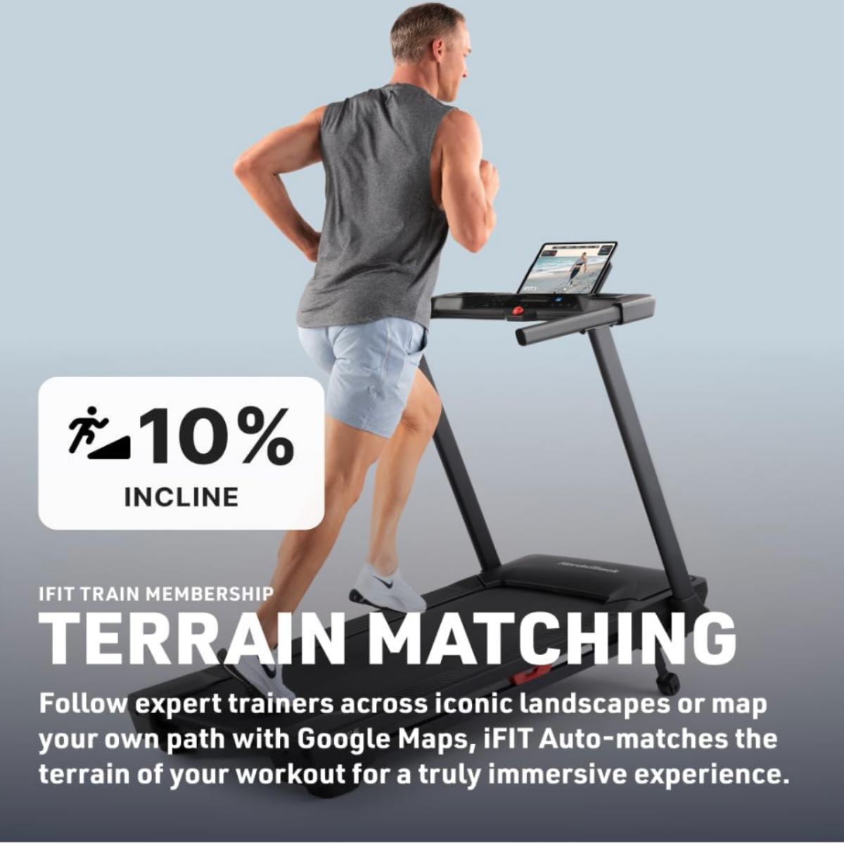 Black NordicTrack T Series 5 treadmill featuring up to 10% incline capability for terrain-matching workouts, hill training, and increased calorie burn.