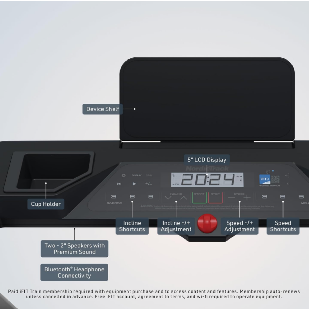 NordicTrack T Series 5 treadmill console with touchscreen display showing workout controls, speed settings, incline adjustments, and fitness tracking metrics.