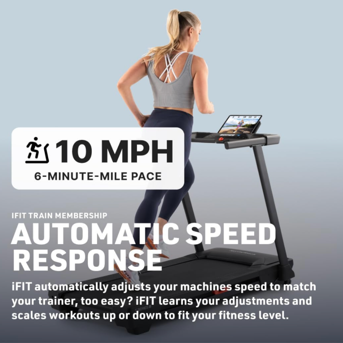 Woman using a black NordicTrack T Series 5 treadmill with automatic speed response technology, allowing trainer-guided pace adjustments during interactive workouts.