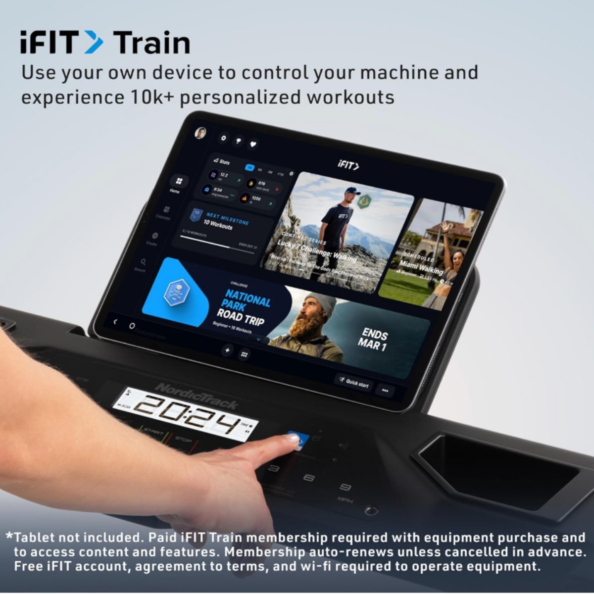 Close-up of NordicTrack T Series 5 treadmill touchscreen displaying iFIT interactive training content, scenic workout programs, and personalized fitness coaching.