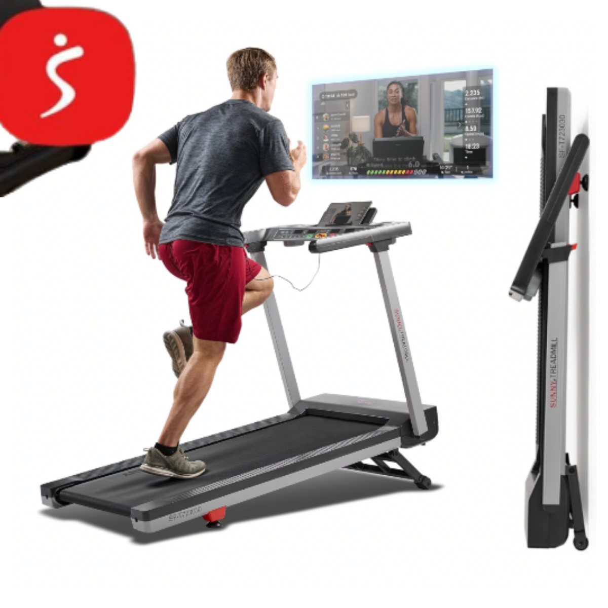 Black and gray Sunny One-Click-Fold 20" treadmill with red accents, shown in use for walking and running workouts, featuring a compact foldable design for home fitness.