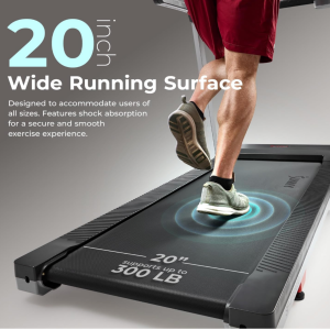 Black and gray Sunny treadmill with red accents and extra-wide running surface, providing comfortable walking, jogging, and running workouts for users of various fitness levels.