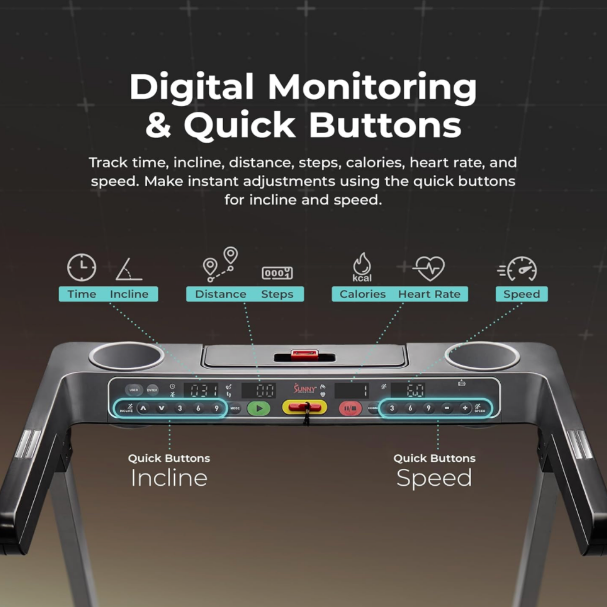 Digital monitoring console on a black and gray Sunny treadmill with red accents, displaying workout metrics including speed, time, distance, calories, and heart rate tracking.