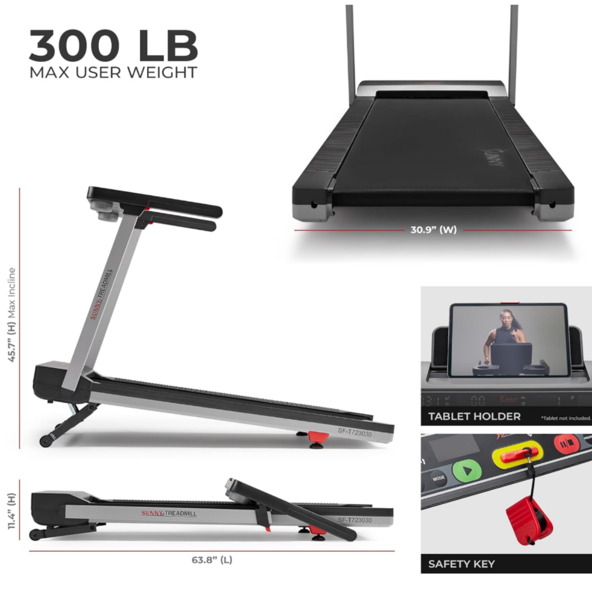 Black and gray Sunny One-Click-Fold treadmill with red accents shown with dimensions and space-saving design, supporting up to 300 pounds for home fitness training.