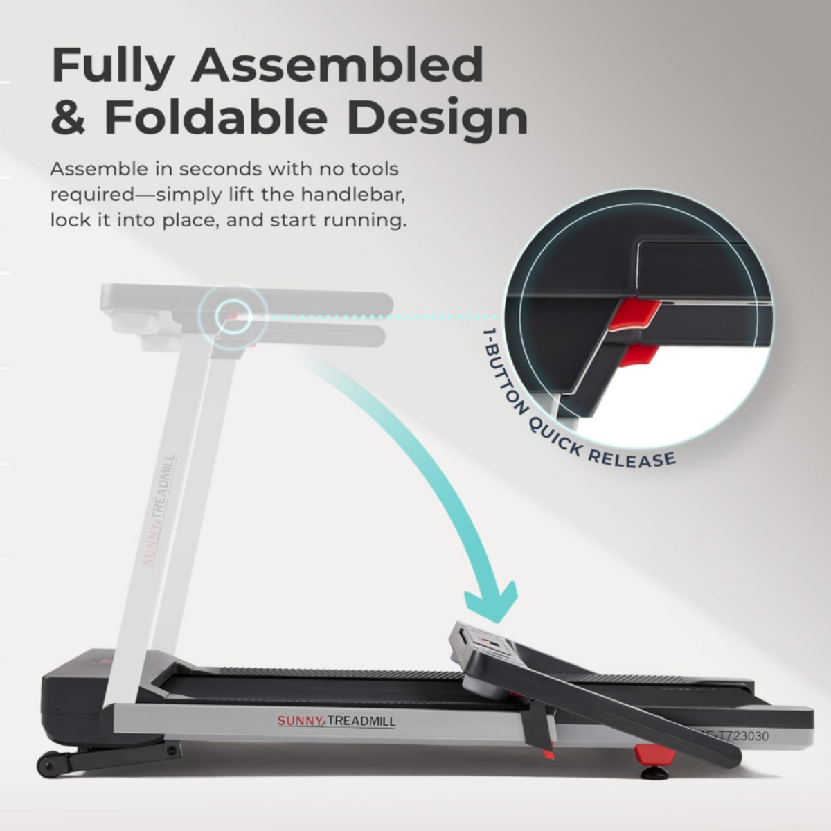 Black and gray Sunny treadmill with red accents demonstrating one-click foldable storage system, allowing easy setup and compact storage for apartments and home gyms.